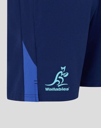 Navy blue sports shorts with Wallabies logo on a light gray background