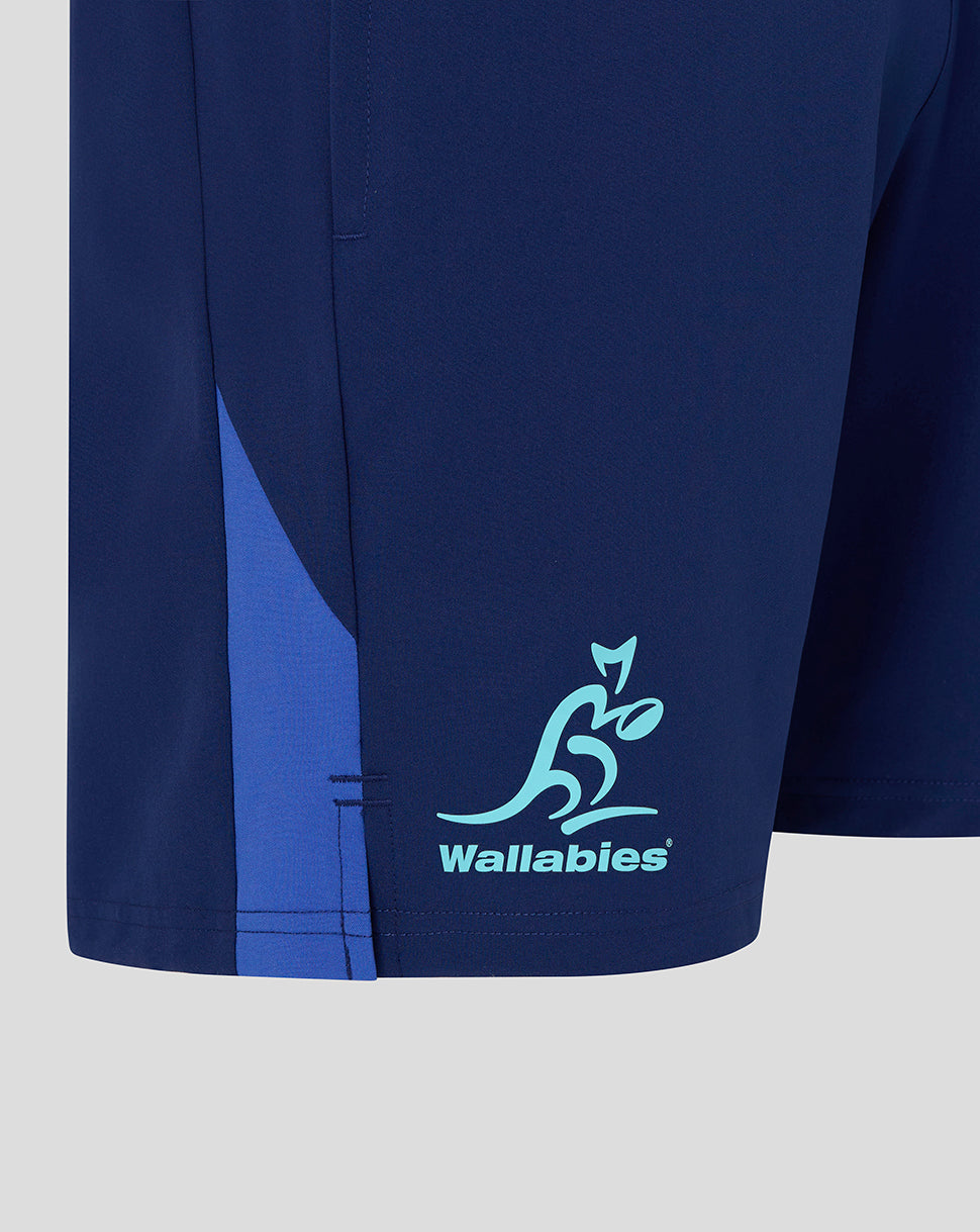 Navy blue sports shorts with Wallabies logo on a light gray background