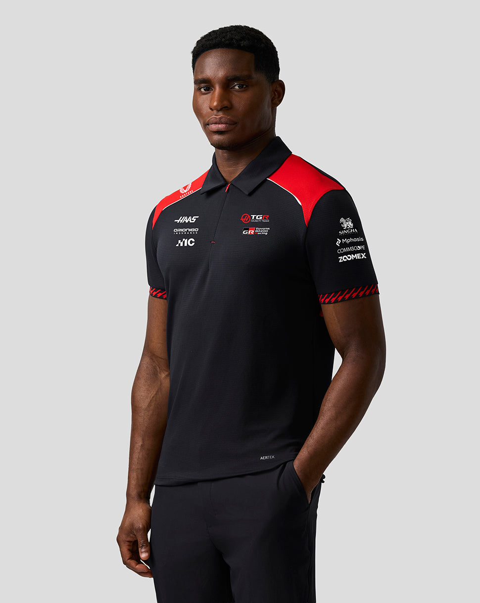 Official Haas Team Men's Short Sleeve Polo Shirt - Caviar/Flame Scarlet