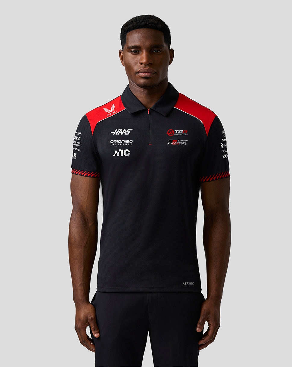 Official Haas Team Men's Short Sleeve Polo Shirt - Caviar/Flame Scarlet