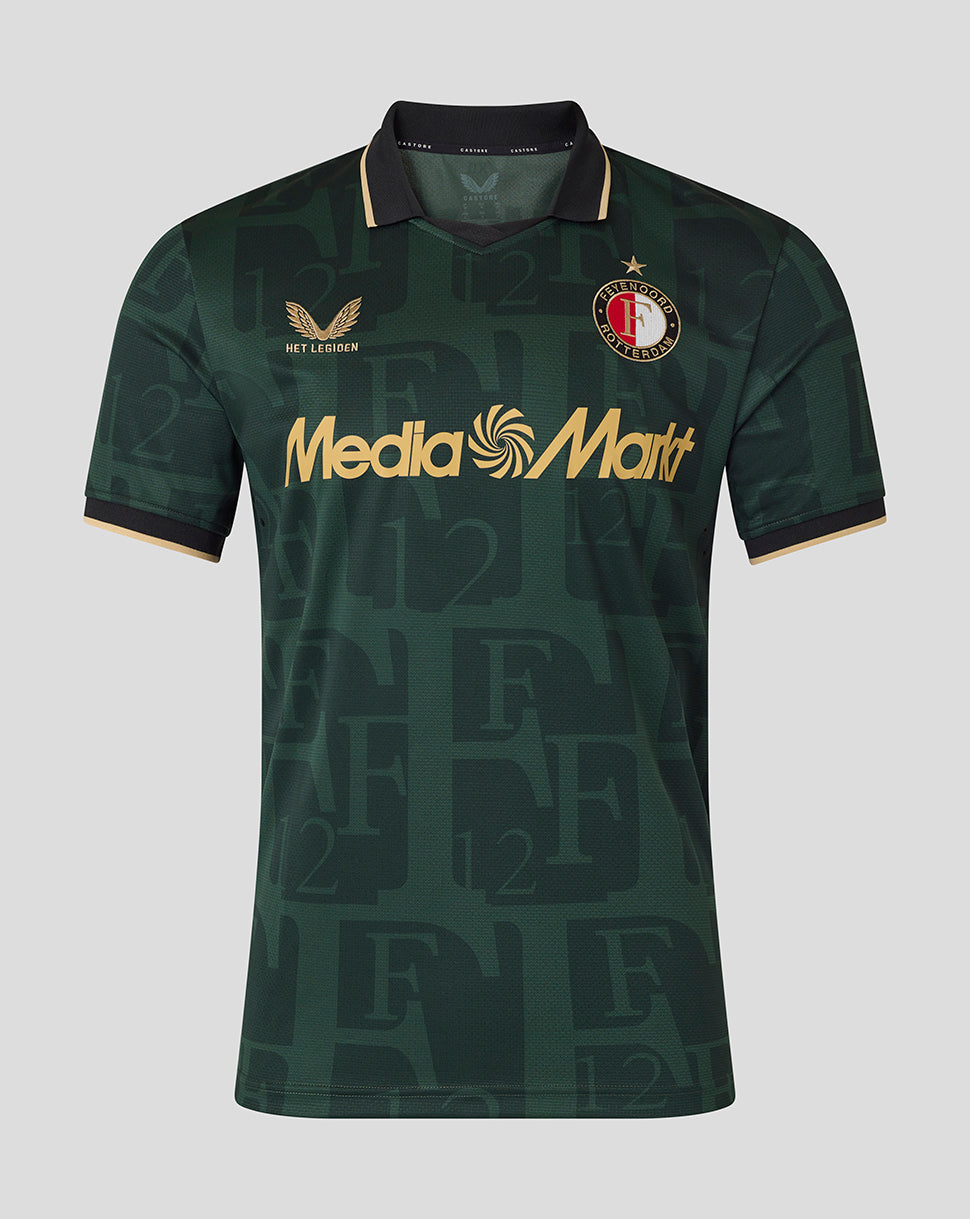 Front view of dark green Feyenoord jersey with Media Markt sponsor and crest and gold sleeve trim.