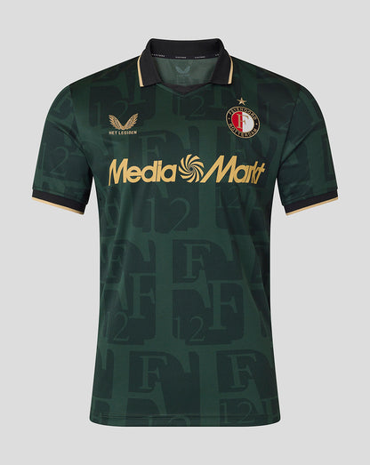 Front view of dark green Feyenoord jersey with Media Markt sponsor and crest and gold sleeve trim.