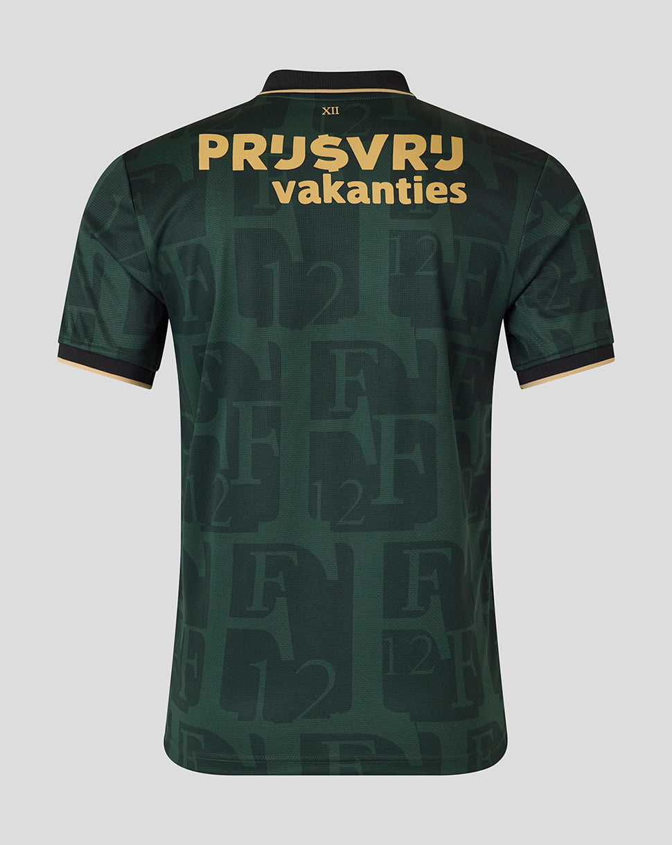 Back view of dark green Feyenoord jersey with large yellow sponsor text and XII on the neck.