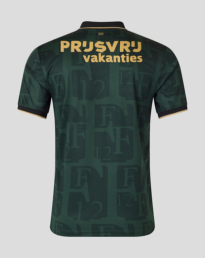 Back view of dark green Feyenoord jersey with large yellow sponsor text and XII on the neck.