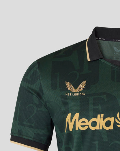 Collar area close-up of the dark green Feyenoord jersey with black collar and gold trim, Castore branding visible at the neckline.