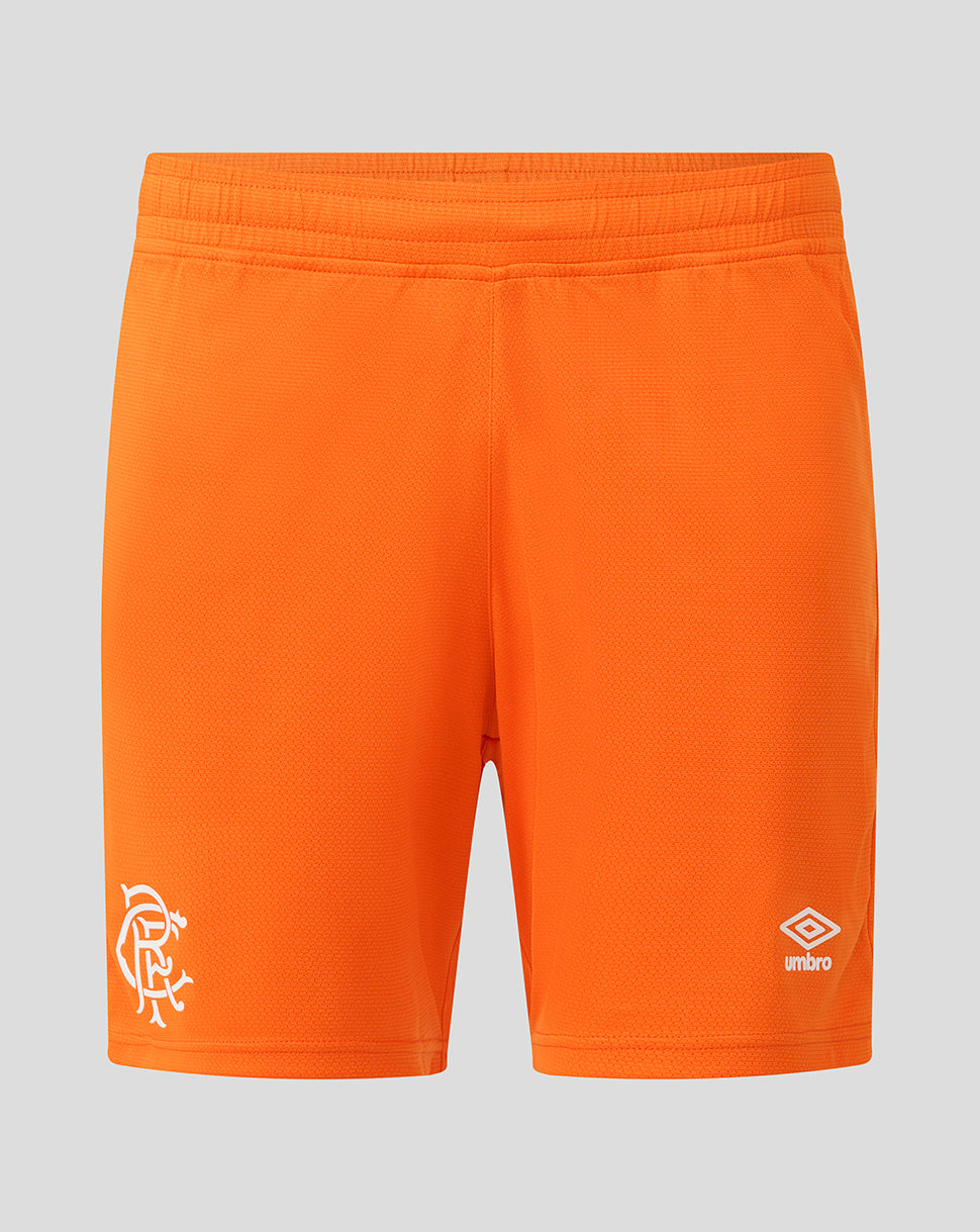 Rangers orange football shorts with elastic waistband, crest on the left leg and the Umbro logo on the right leg