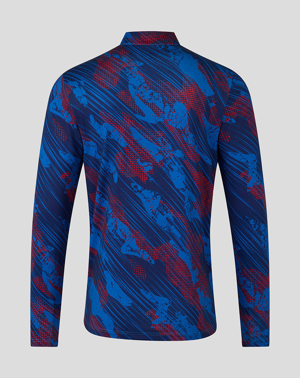 Blue and red patterned long-sleeve shirt on a gray background