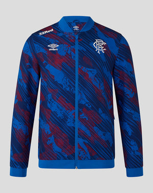 Blue and red patterned jacket with Umbro logo on a gray background