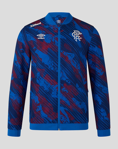Blue and red patterned jacket with Umbro logo on a gray background