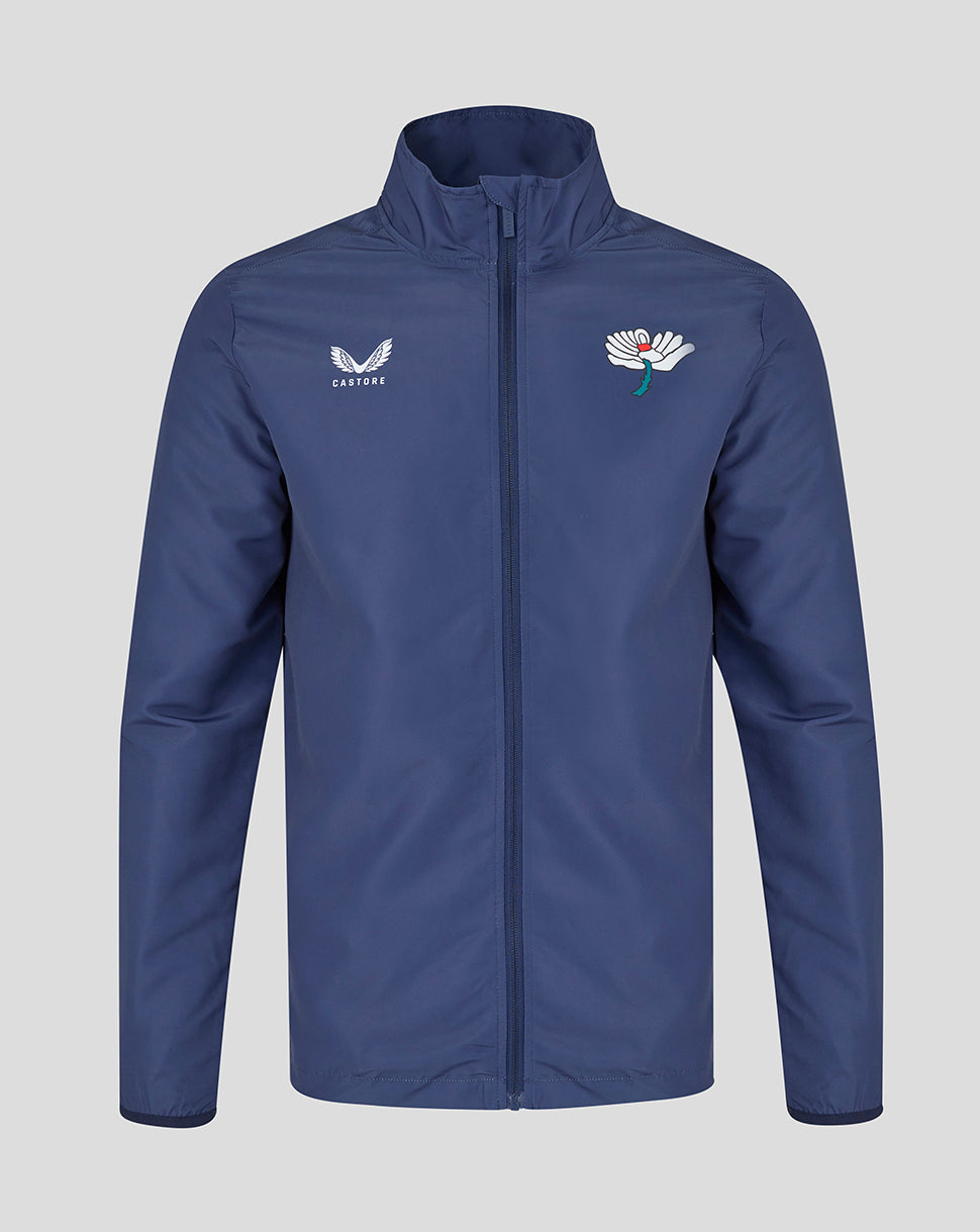 Blue jacket with logos on a light gray background