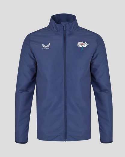 Blue jacket with logos on a light gray background