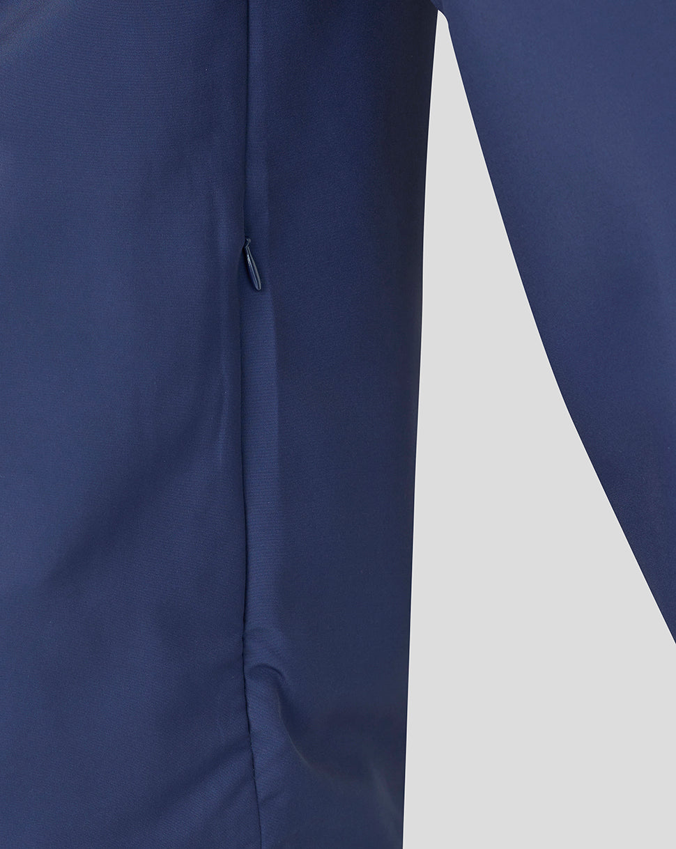 Close-up of a blue garment with a zipper on a white background