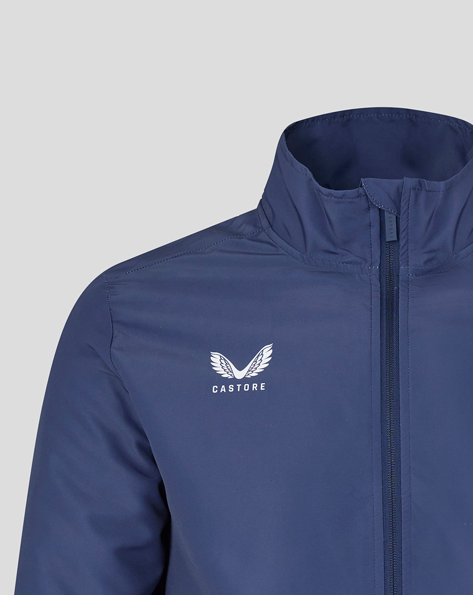 Blue jacket with a white logo and text on a light gray background