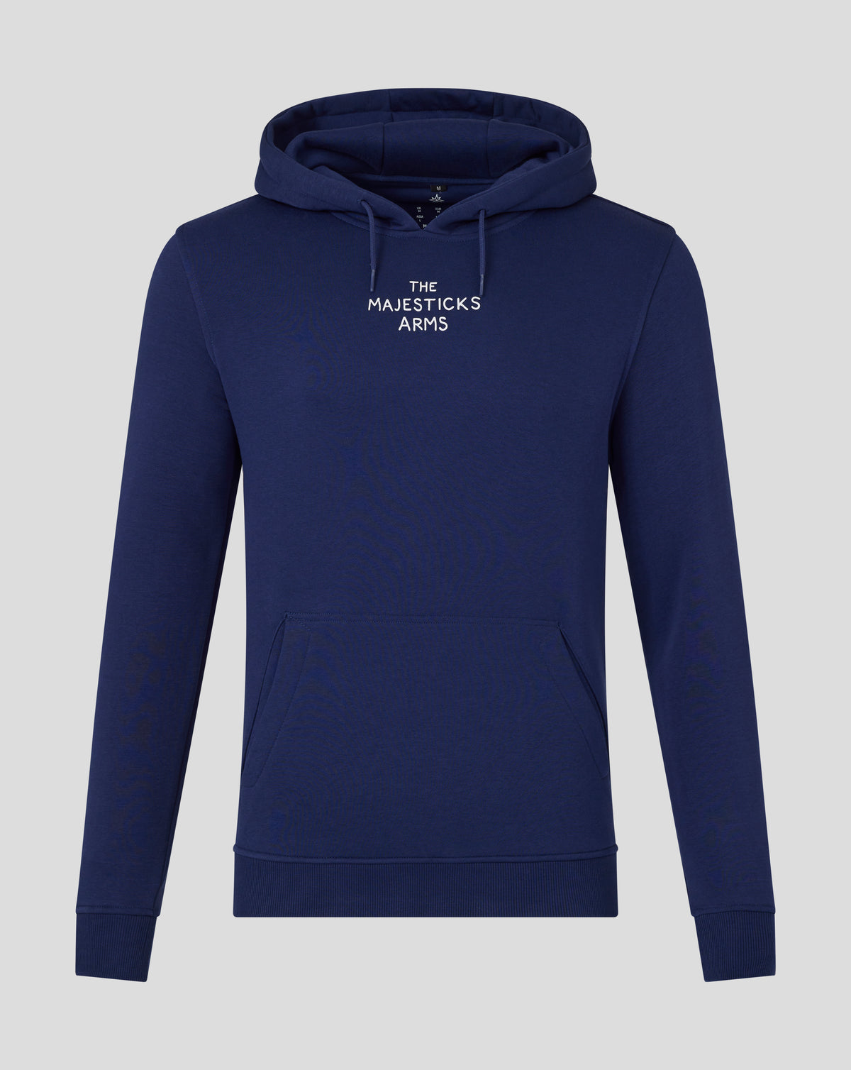 Navy Majesticks Arms Hoodie front view with white text on chest