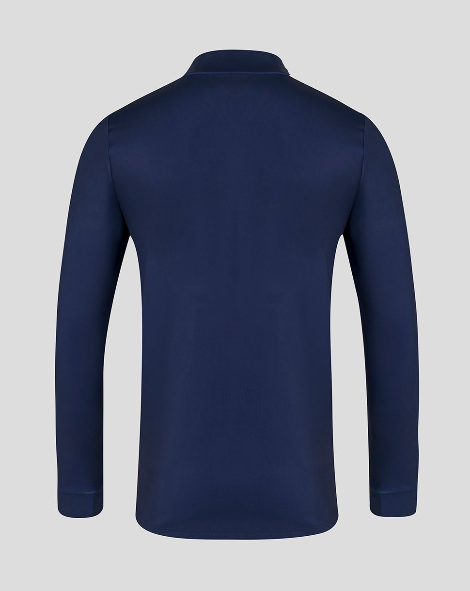 Navy blue long-sleeve shirt on a light gray background