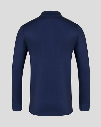 Navy blue long-sleeve shirt on a light gray background