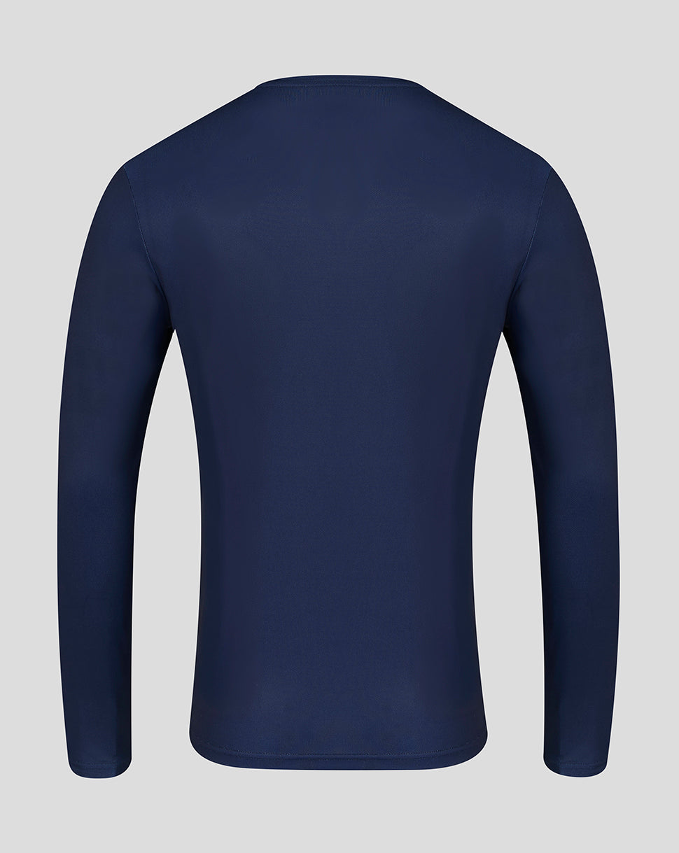 Navy blue long-sleeve shirt on a light gray background