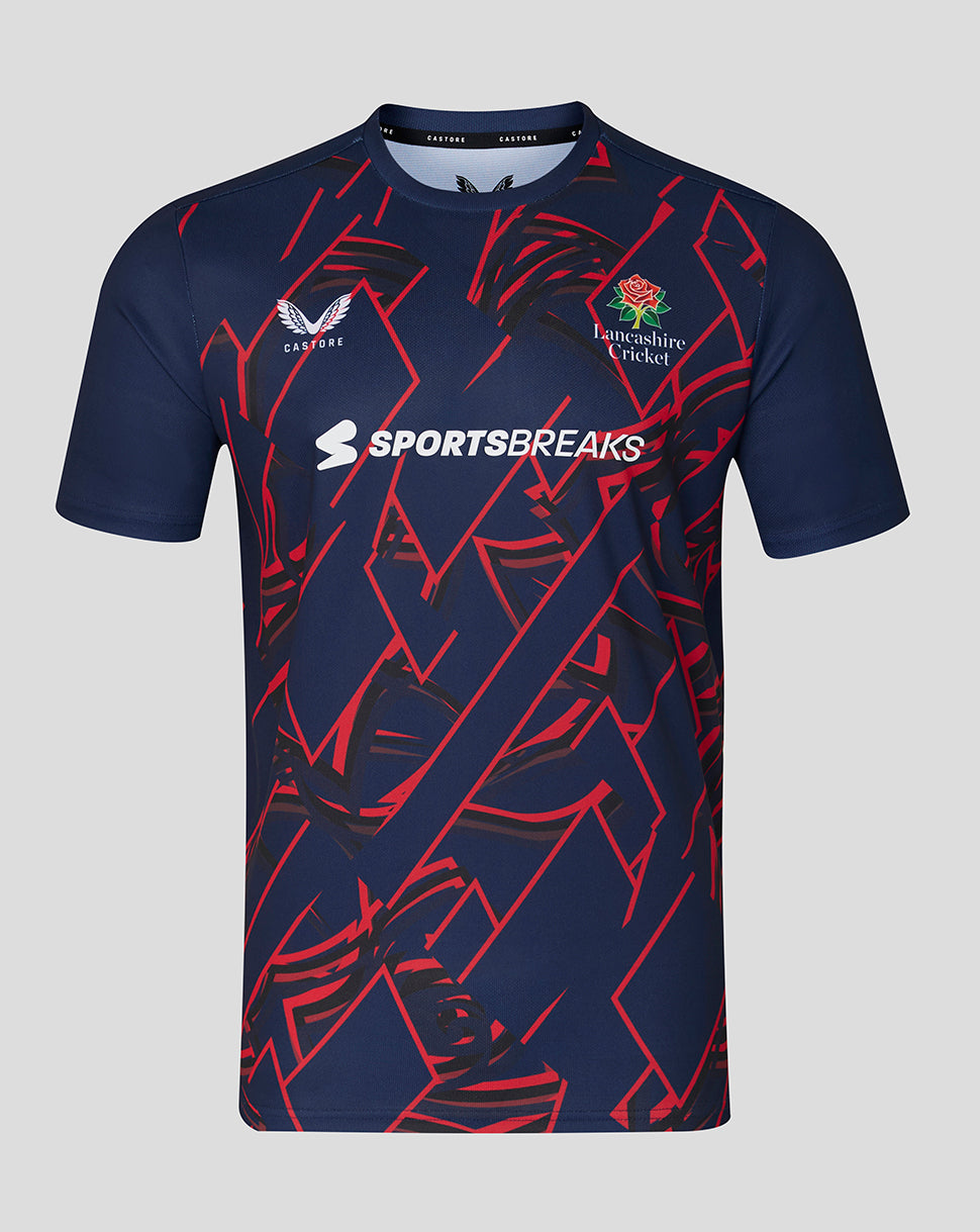 Navy sports jersey with red patterns and visible branding on a gray background