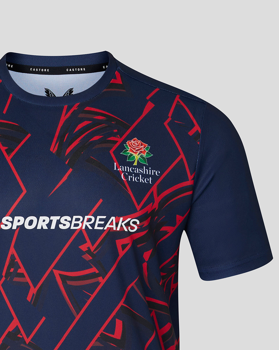 Navy blue sports jersey with red patterns and Lancashire Cricket logo on a gray background