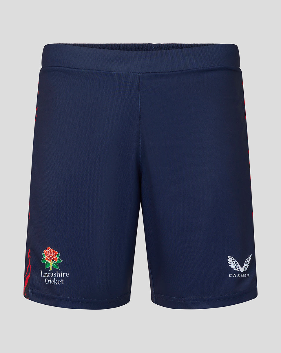Navy blue shorts with branding on a light gray background