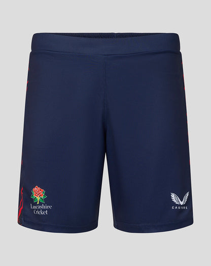 Navy blue shorts with branding on a light gray background