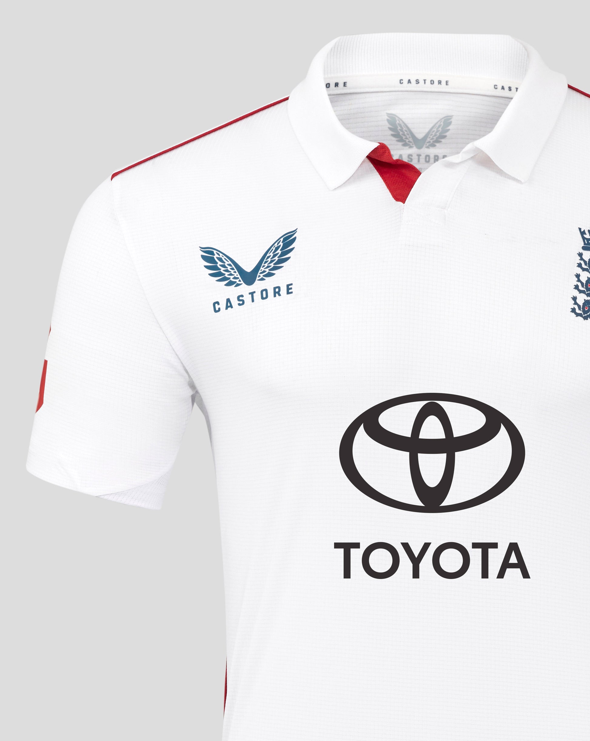 White sports jersey with Toyota and Castore logos on a light gray background