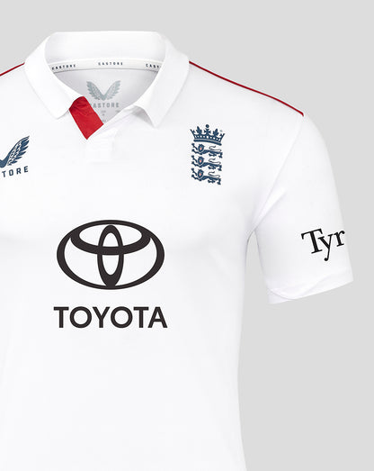White sports jersey with Toyota logo and other branding on a light gray background