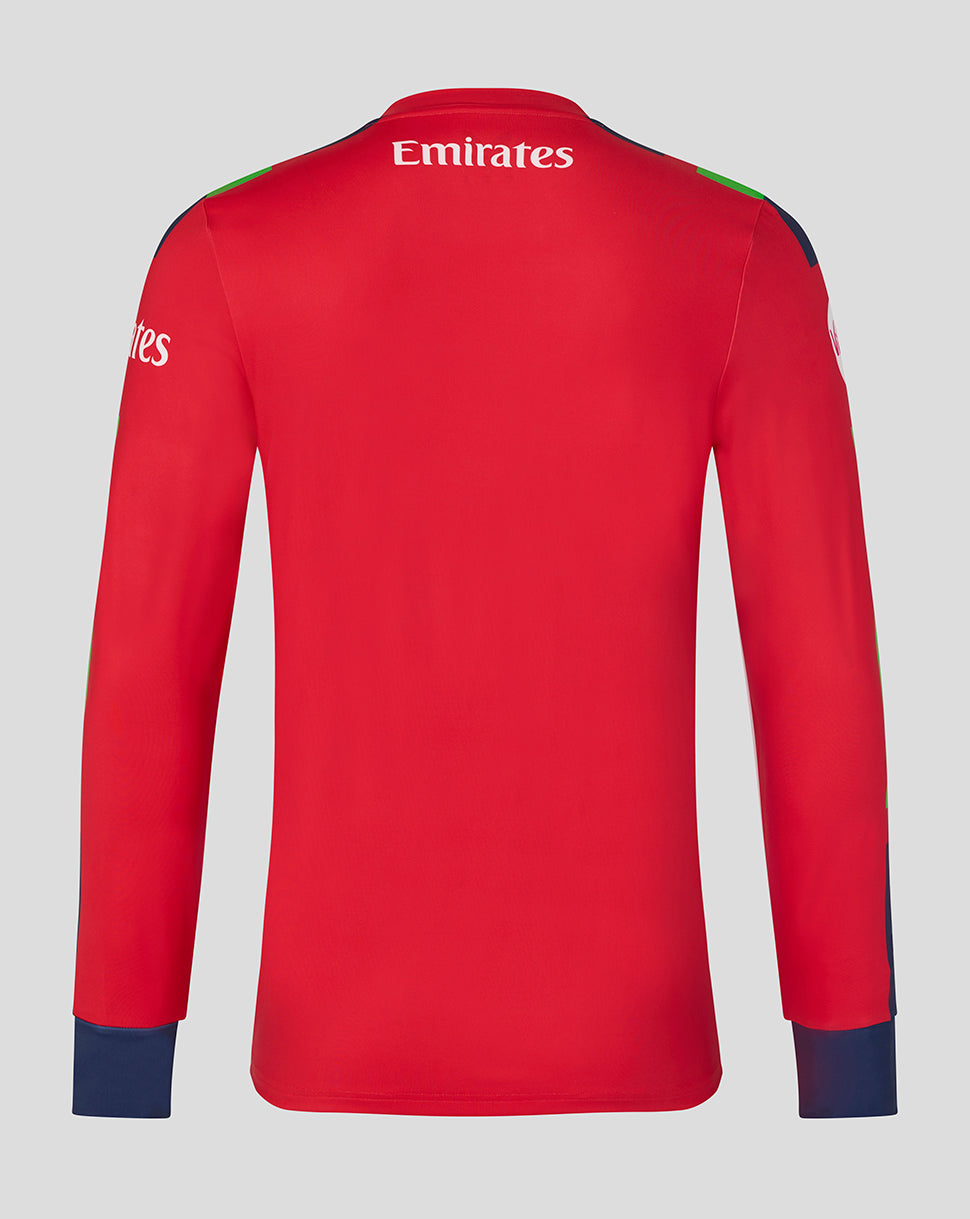 Red long-sleeve shirt with Emirates logo on a gray background