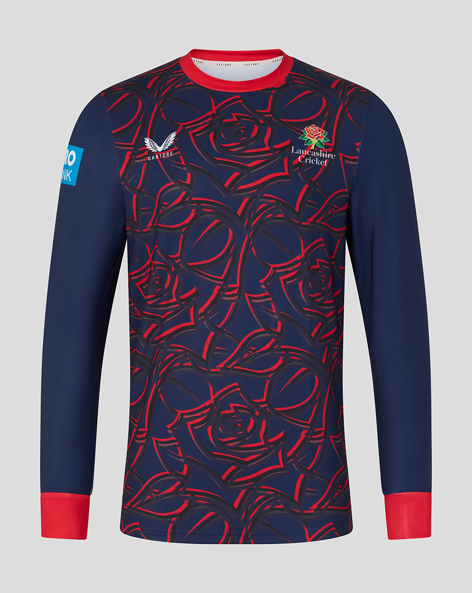 Navy long-sleeve shirt with red rose pattern on a gray background