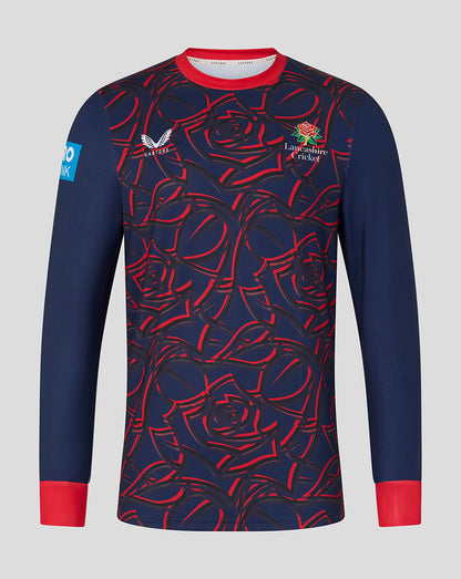 Navy long-sleeve shirt with red rose pattern on a gray background