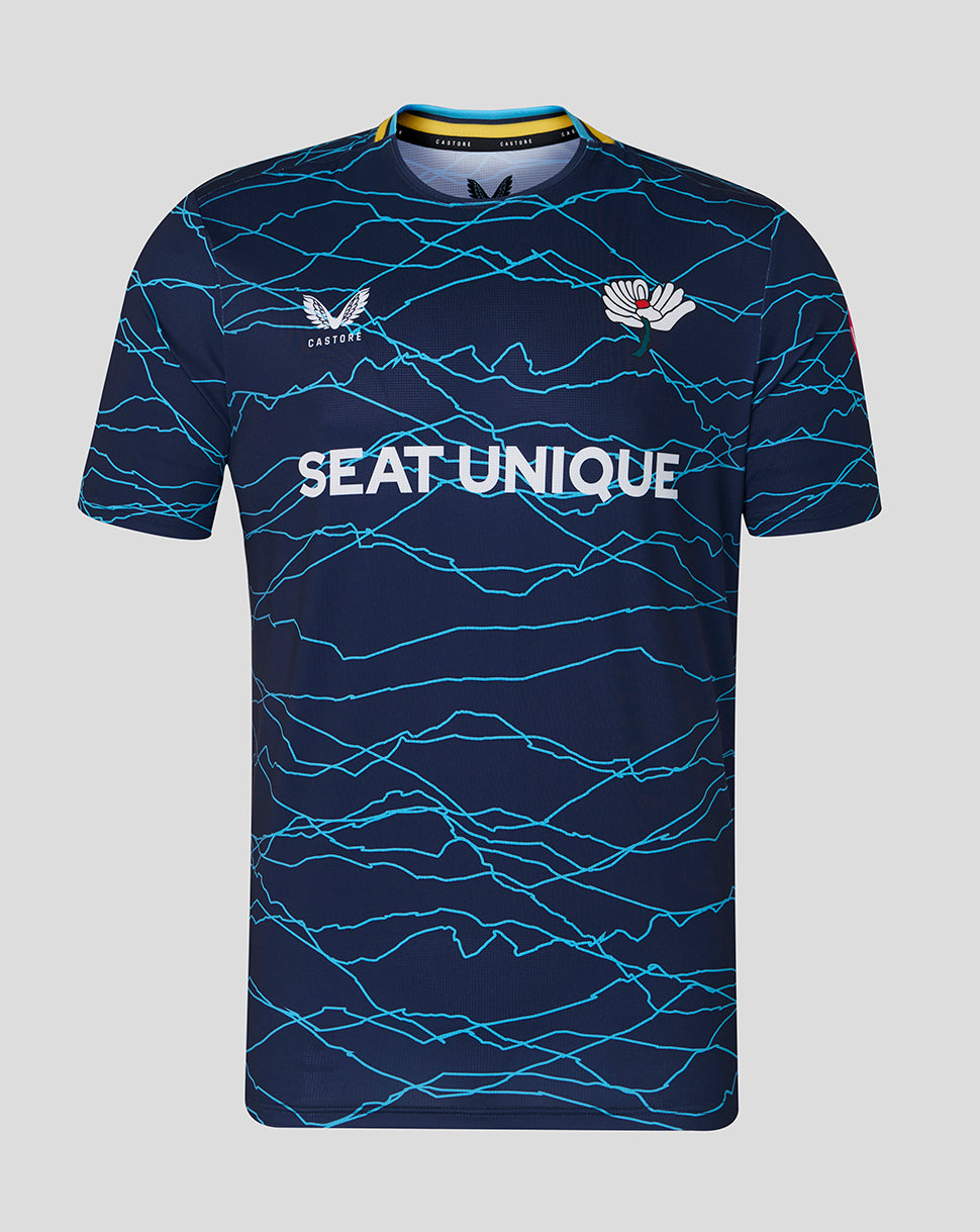 Navy blue sports jersey with white text and logos on a gray background