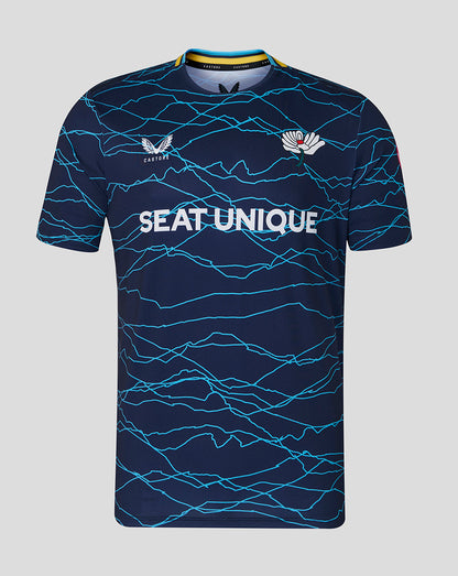 Navy blue sports jersey with white text and logos on a gray background
