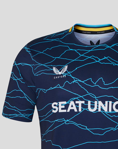 Navy blue sports jersey with white text and logo on a light gray background