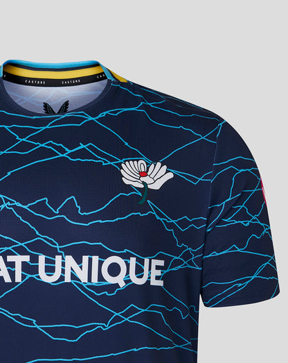 Navy blue sports jersey with blue patterns and a logo on a gray background