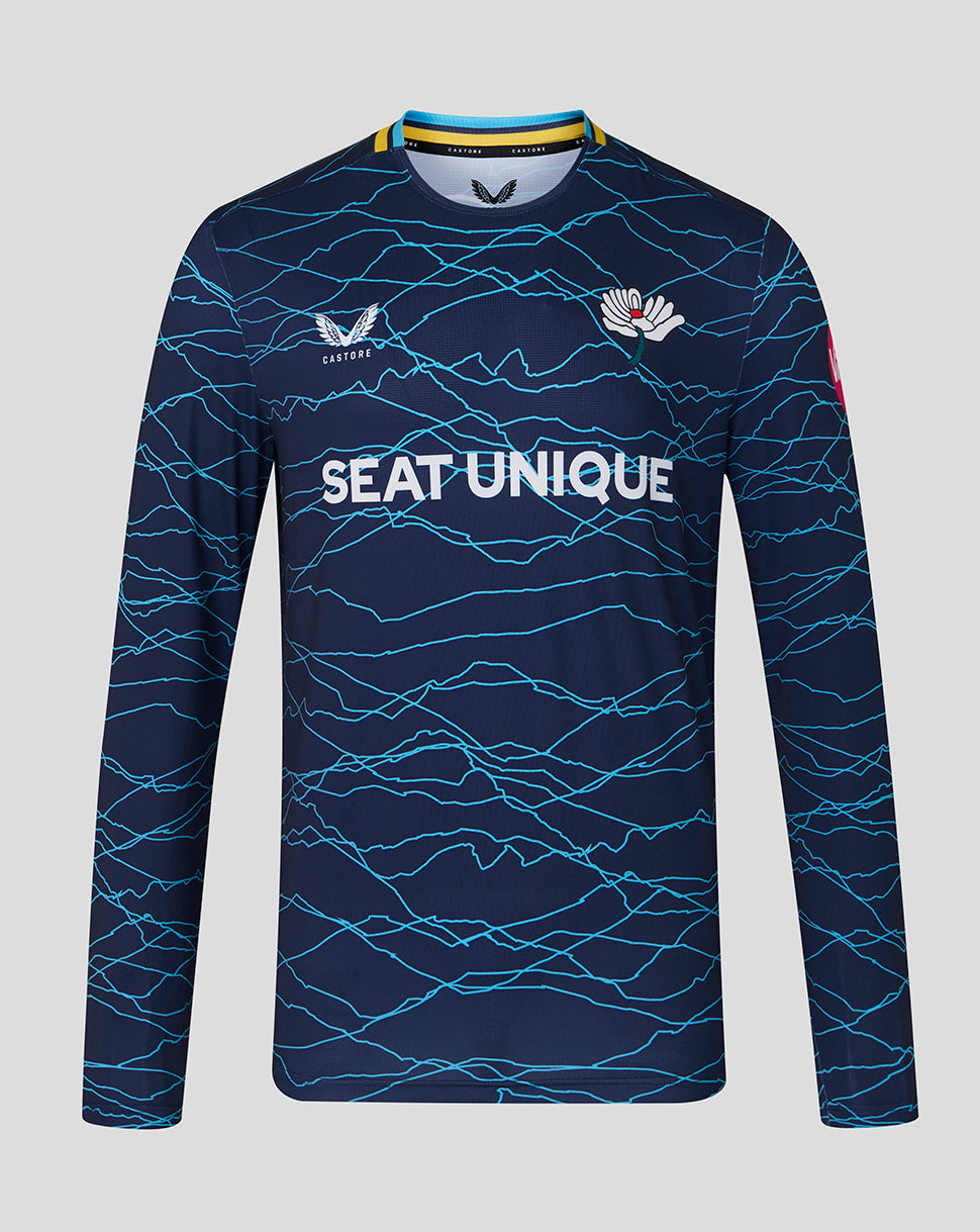 Navy long-sleeve sports jersey with blue wave pattern and visible branding on a gray background