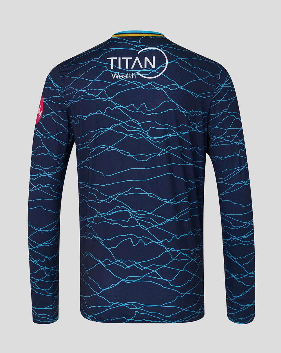 Navy blue sports jersey with blue wave pattern on a gray background