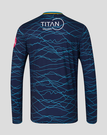 Navy blue sports jersey with blue wave pattern on a gray background