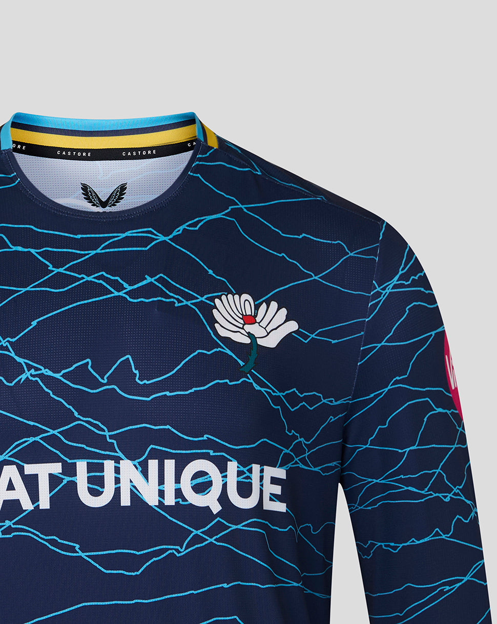 Navy blue sports jersey with white text and logo on a light gray background