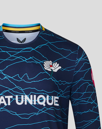 Navy blue sports jersey with white text and logo on a light gray background