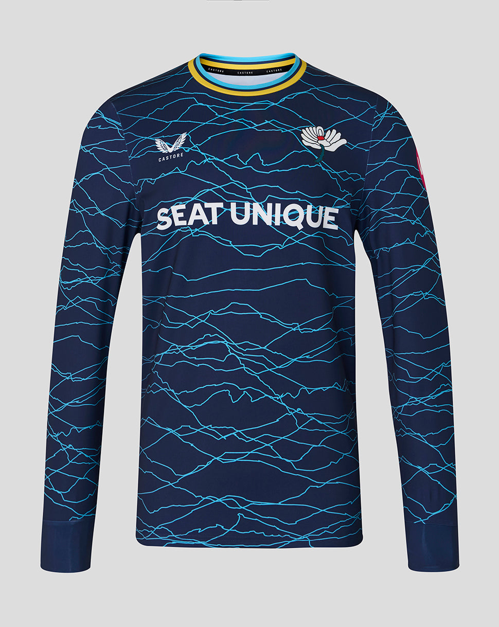 Navy blue long-sleeve shirt with white text and wave pattern on a gray background
