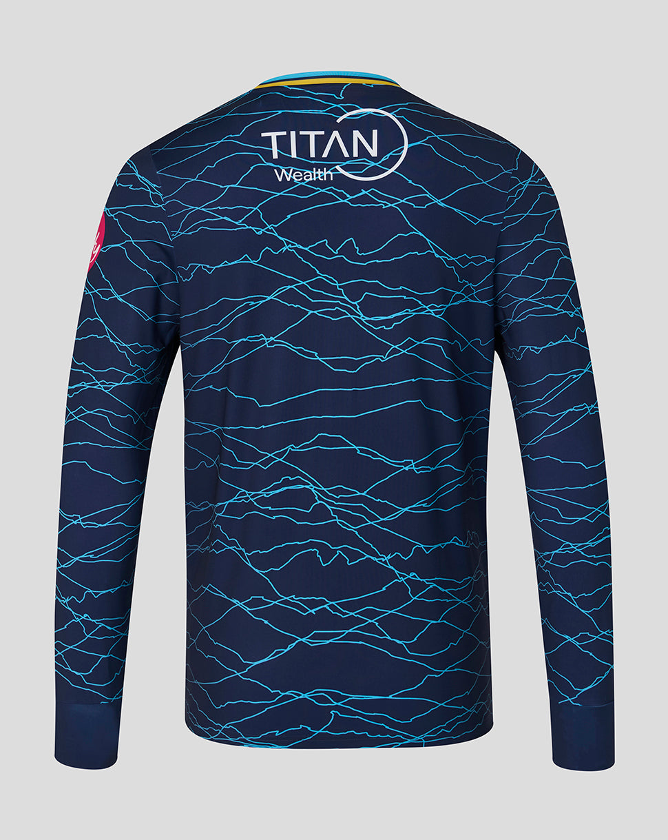 Navy blue sports jersey with blue wave pattern on a gray background