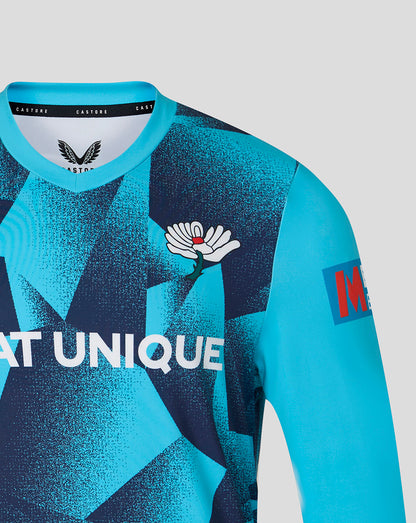 Blue and black sports jersey with branding on a gray background