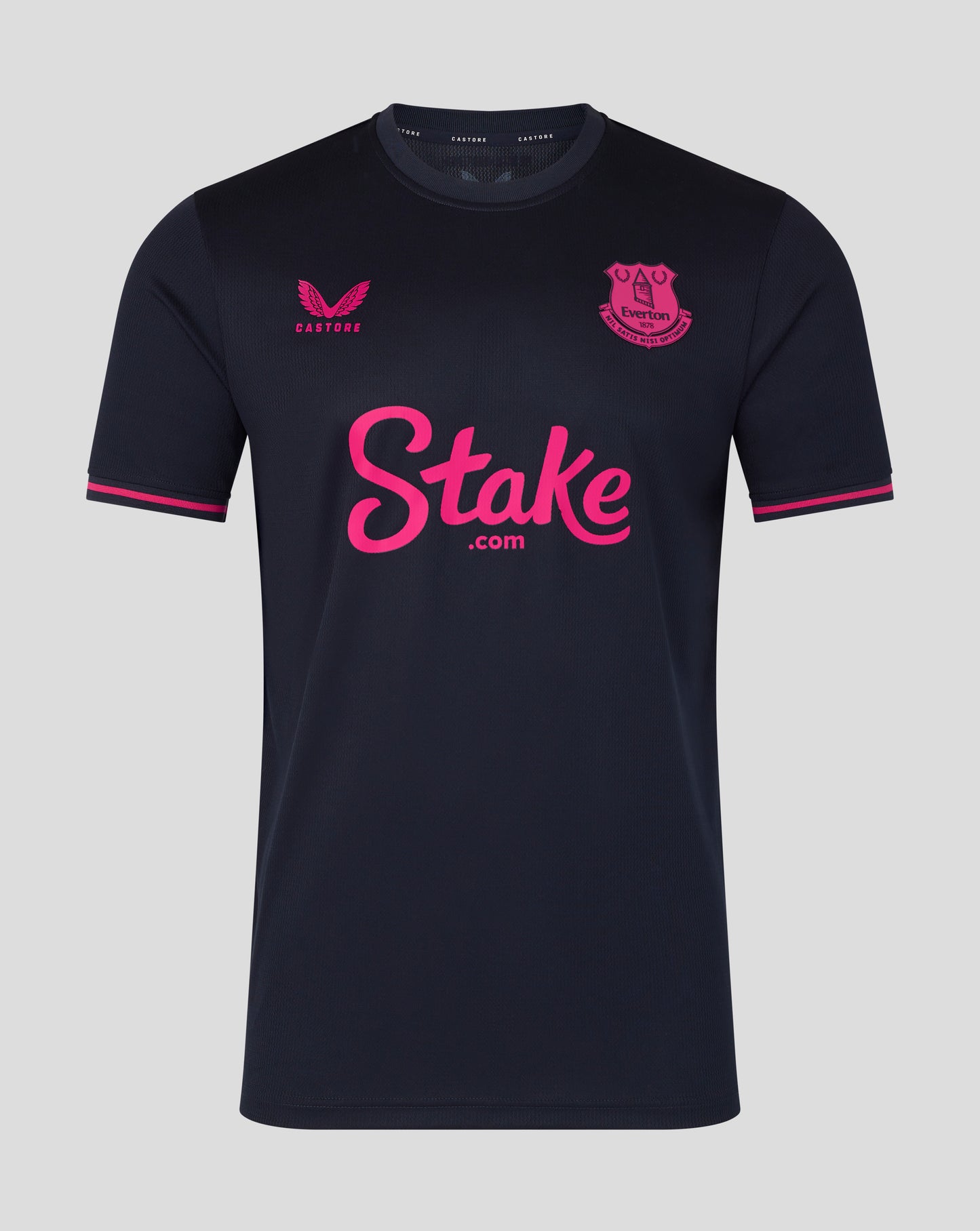 Black sports jersey with pink branding on a gray background