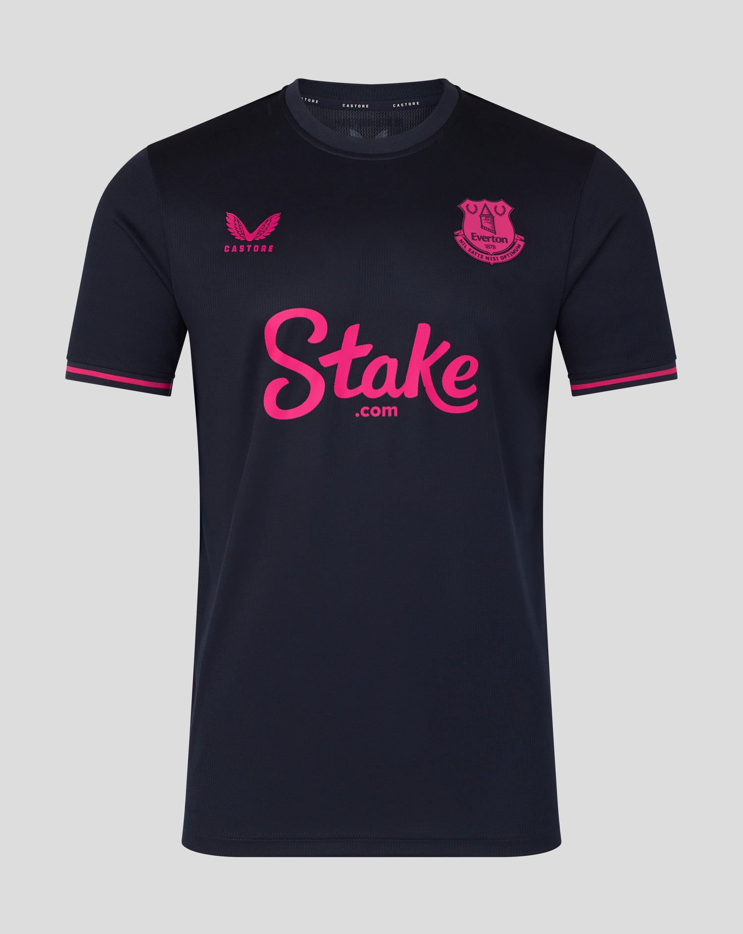Black sports jersey with pink branding on a gray background