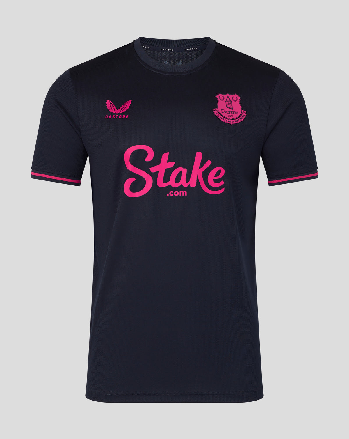 Black sports jersey with pink branding on a gray background