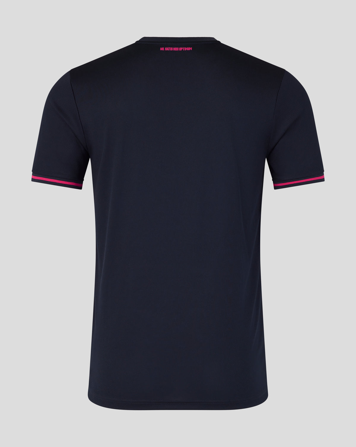 Black t-shirt with pink accents on a gray background