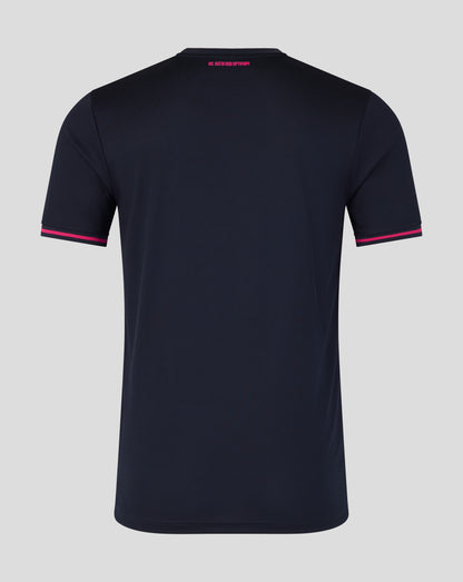 Black t-shirt with pink accents on a gray background