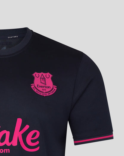 Black sports jersey with pink logo and text on a light gray background