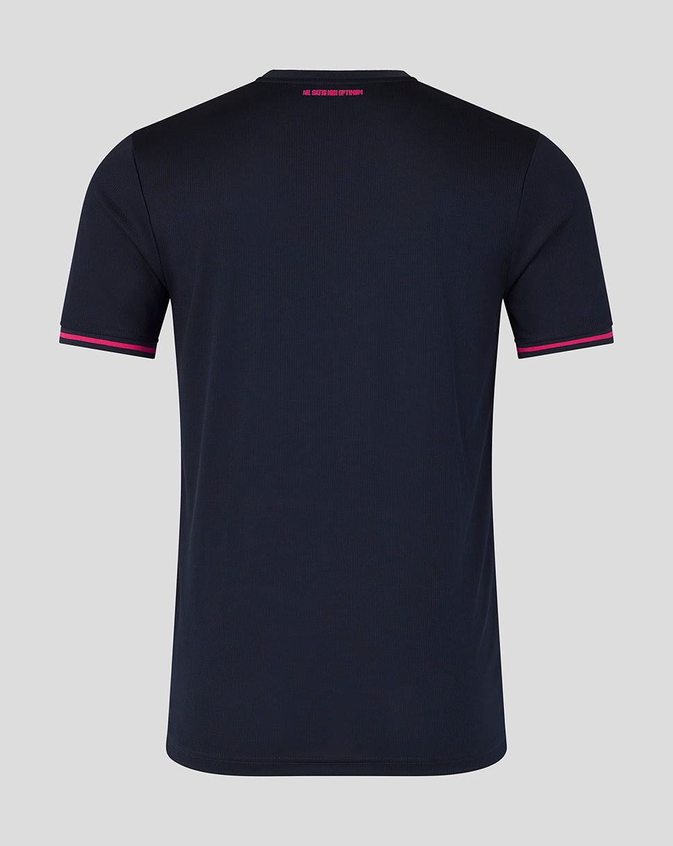 Black t-shirt with pink accents on a gray background