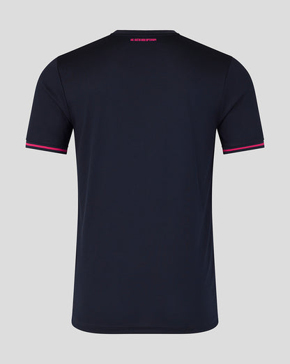 Black t-shirt with pink accents on a gray background